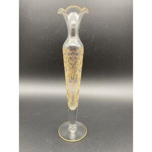 VINTAGE GLASTONBURY LOTUS GLASS RUFFLED‎ TOP BUD VASE WITH GOLD OVERLAY